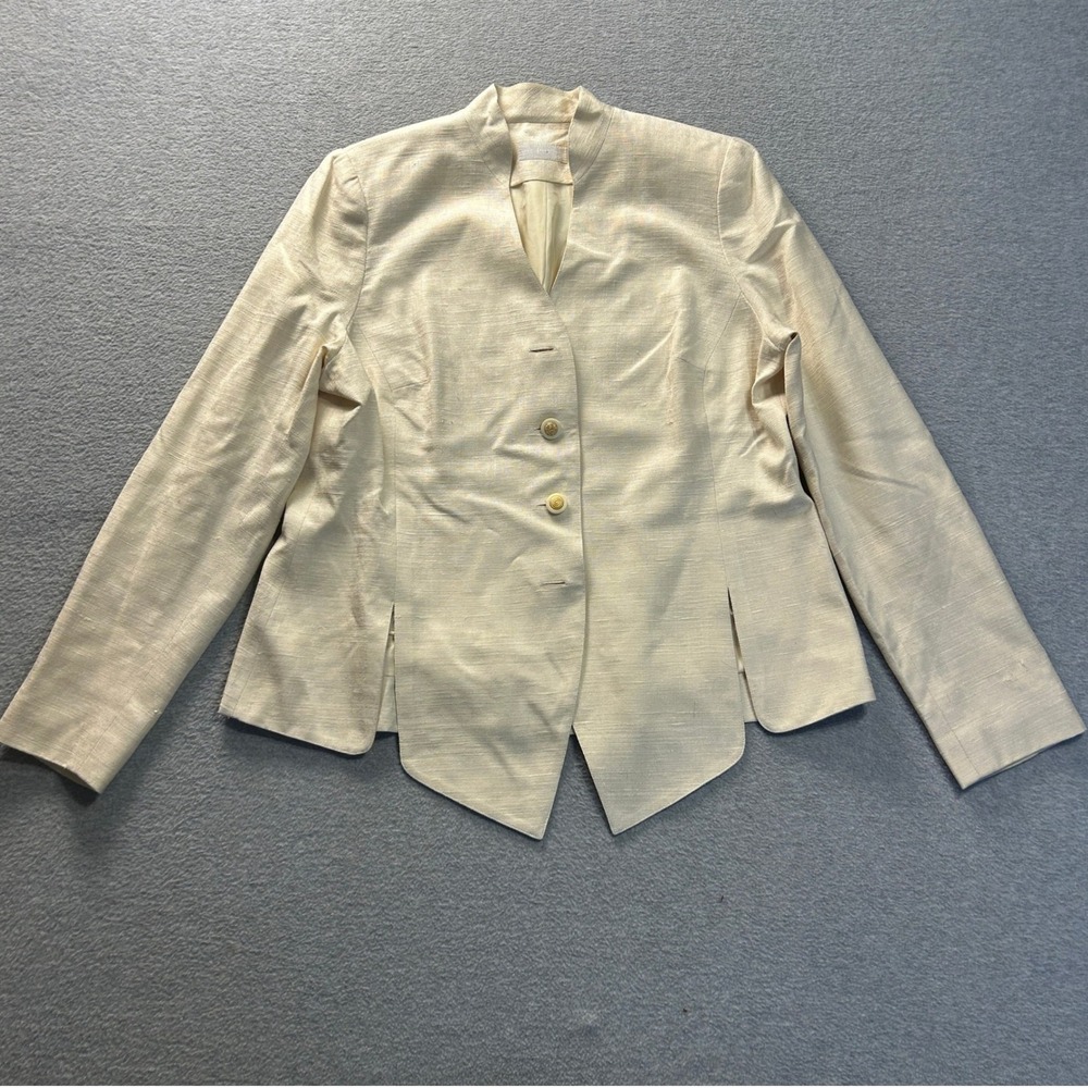 Suit Studio Blazer Womens L Ivory Linen Blend Mandarin Collar Tailored Jacket